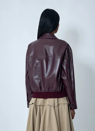 Bottega Veneta Women Bordeaux Crop Jacket With Intreccio Motif Collar And Dropped Shoulders In Leath In Multi