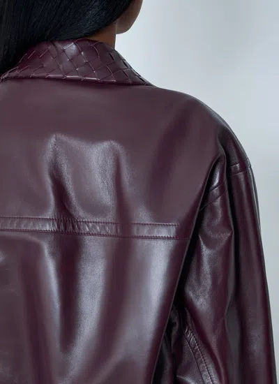 Bottega Veneta Women Bordeaux Crop Jacket With Intreccio Motif Collar And Dropped Shoulders In Leath In Multi