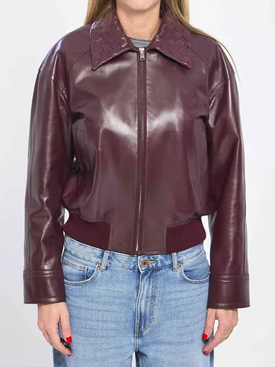 Bottega Veneta Intrecciato Collar Leather Bomber Jacket In Red