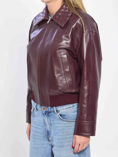 Bottega Veneta Intrecciato Collar Leather Bomber Jacket In Red