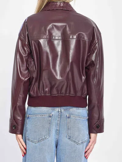 Bottega Veneta Intrecciato Collar Leather Bomber Jacket In Red