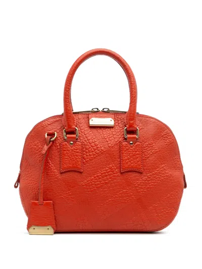 Pre-owned Burberry 2015-2025 Small Heritage Grain Check Embossed Leather Orchard Bowling Bag Satchel In Orange