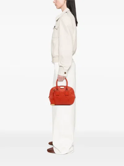 Pre-owned Burberry 2015-2025 Small Heritage Grain Check Embossed Leather Orchard Bowling Bag Satchel In Orange