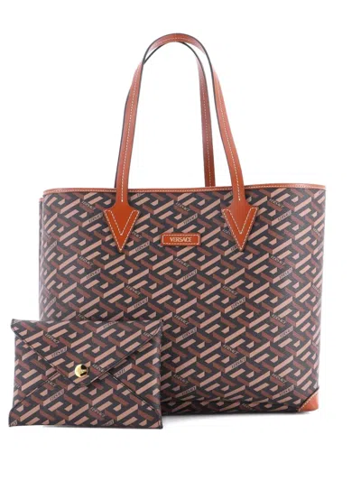 Pre-owned Versace Shopping (outlet) La Greca Signature Coated Canvas Medium Tote Bag In Brown