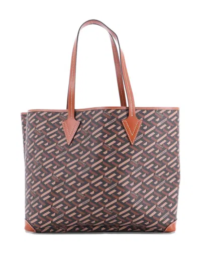 Pre-owned Versace Shopping (outlet) La Greca Signature Coated Canvas Medium Tote Bag In Brown