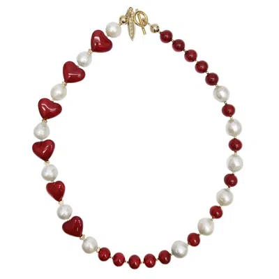 Farra Women's Freshwater Pearls With Red Heart Choker Necklace In Multi
