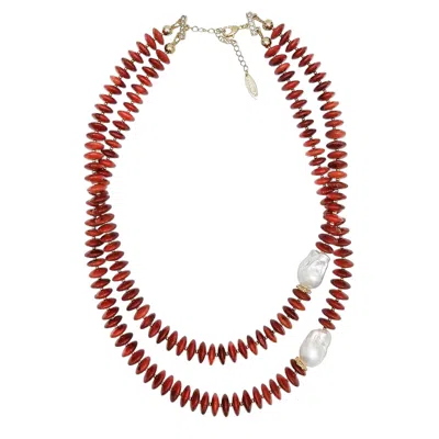Farra Women's Sophisticated Red Bamboo Coral With Baroque Pearls Double Necklace In Brown