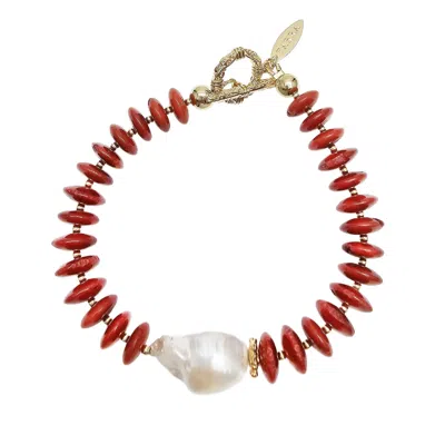 Farra Women's Red Bamboo Coral With Baroque Pearl Bracelet In Gold