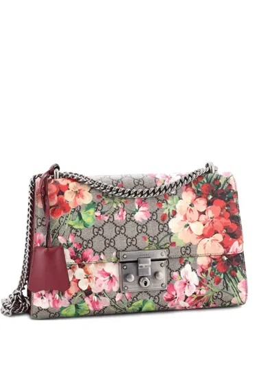 Pre-owned Gucci Padlock Blooms Print Gg Coated Canvas Medium Shoulder Bag In Neutral