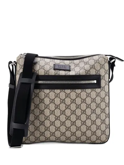 Pre-owned Gucci Front Zip Messenger Gg Coated Canvas Medium Crossbody Bag In Neutral