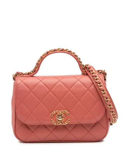 Pre-owned Chanel 2019 Quilted Lambskin Chain Infinity Top Handle Bag Satchel In Pink