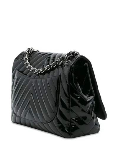 Pre-owned Chanel 2009-2010 Jumbo Classic Chevron Patent Single Flap Shoulder Bag In Black