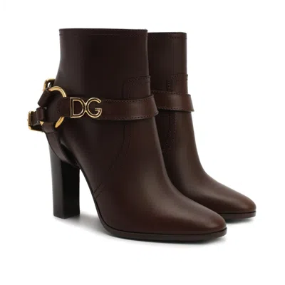 Dolce & Gabbana Logo High-heeled Ankle Boots In Brown