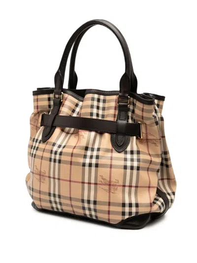 Pre-owned Burberry 2000-2017 Haymarket Check Coated Canvas Golderton Satchel In Brown