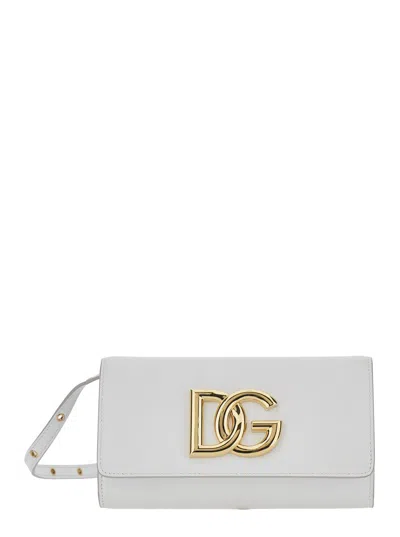 Dolce & Gabbana 3.5 White Clutch Bag With Metallic Dg Logo On The Front In Leather Woman In Metallic