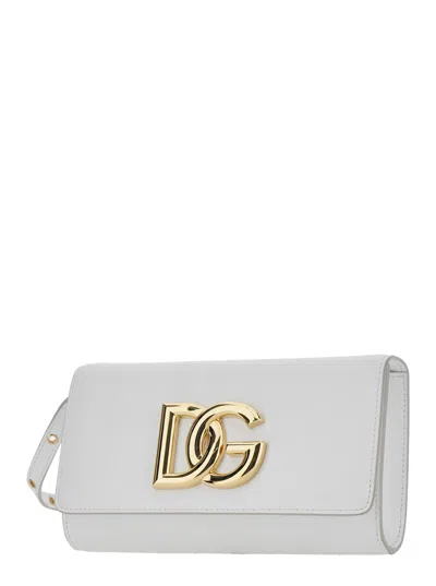 Dolce & Gabbana 3.5 White Clutch Bag With Metallic Dg Logo On The Front In Leather Woman In Metallic