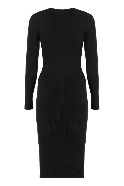 Elisabetta Franchi Black V-neck Dress With Logo Plaque On The Front In Fabric Woman In Black