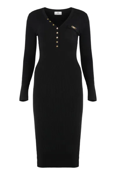 Elisabetta Franchi Black V-neck Dress With Logo Plaque On The Front In Fabric Woman In Black