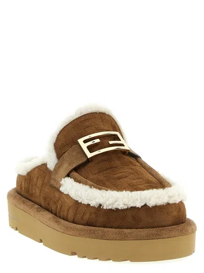 Fendi Women Beige Mules With Logo Lettering On The Rear And Ff Buckle In Suede Woman In Brown