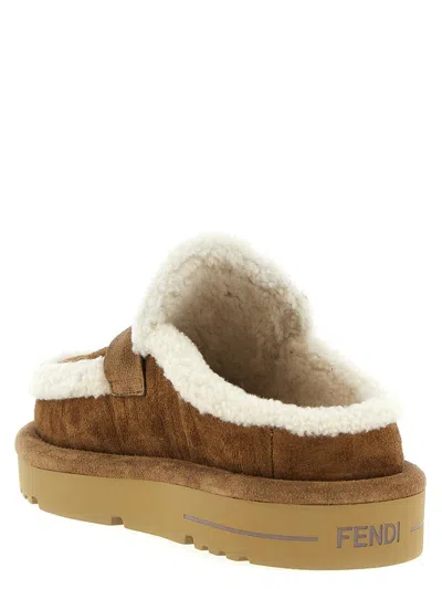 Fendi Women Beige Mules With Logo Lettering On The Rear And Ff Buckle In Suede Woman In Brown