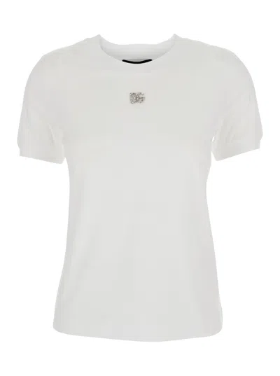 Dolce & Gabbana White Crewneck T-shirt With Logo Embroidery With Crystals On The Front In Cotton Woman