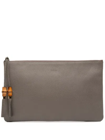 Pre-owned Gucci 2016-2025 Calfskin Bamboo Tassel Clutch Bag In Gray