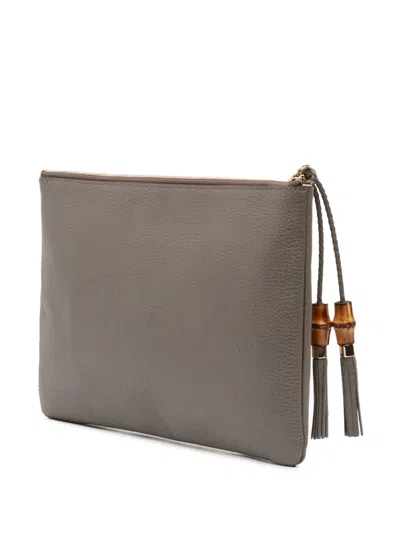 Pre-owned Gucci 2016-2025 Calfskin Bamboo Tassel Clutch Bag In Gray