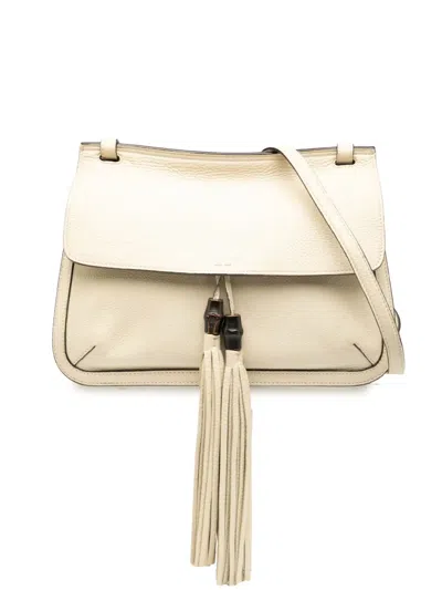 Pre-owned Gucci 2000-2015 Medium Leather Bamboo Daily Crossbody Bag In White