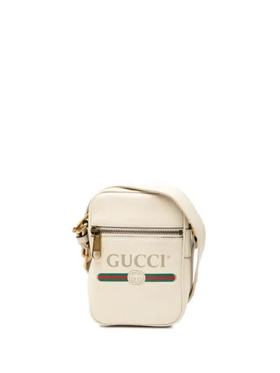 Pre-owned Gucci 2000-2015 Mini Grained Calfskin Logo Crossbody Bag In White