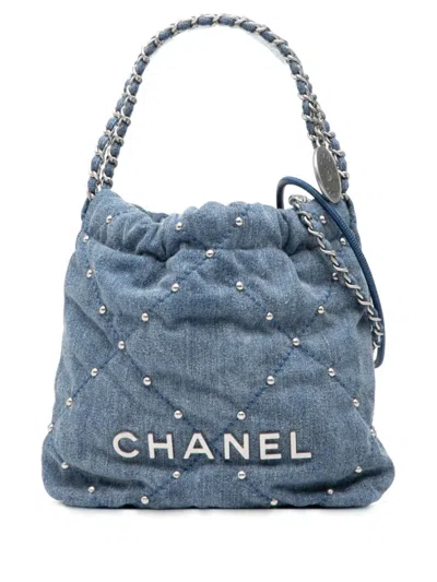 Pre-owned Chanel 2021-2025 Mini Denim Studded 22 Handbag Satchel In Blue