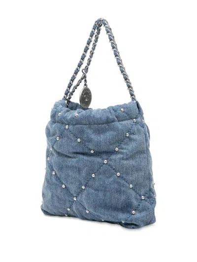 Pre-owned Chanel 2021-2025 Mini Denim Studded 22 Handbag Satchel In Blue