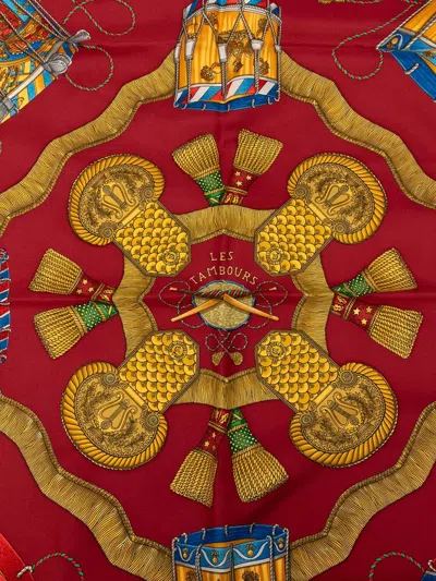 Pre-owned Hermes 20th Century Les Tambours Silk Scarf Scarves In Red