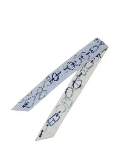 Pre-owned Hermes 2000-2025 Do Re Boucles Broderie Anglaise Embroidered Silk Twilly Scarf Scarves In Blue