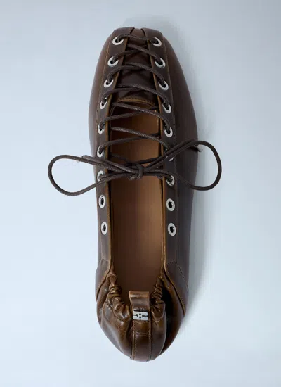 Ganni Khaki Oleatex Lace-up Ballerina Flats In Brown