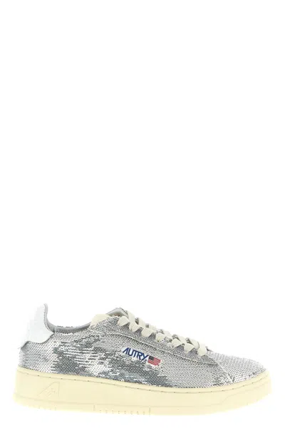 Autry Dallas Low Sparkling Sneakers In Silver And White Sequins Shoes In Silver