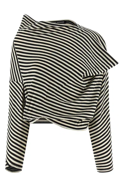 Junya Watanabe Asymmetric Striped Long Sleeve Cropped Sweater In Neutral