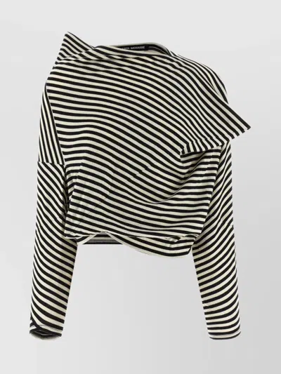 Junya Watanabe Asymmetric Striped Long Sleeve Cropped Sweater In Black