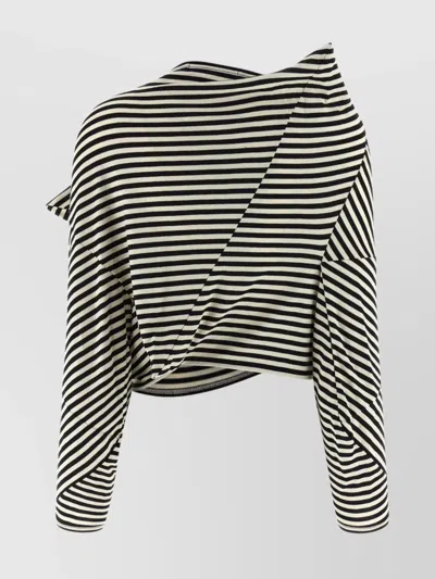 Junya Watanabe Asymmetric Striped Long Sleeve Cropped Sweater In Black
