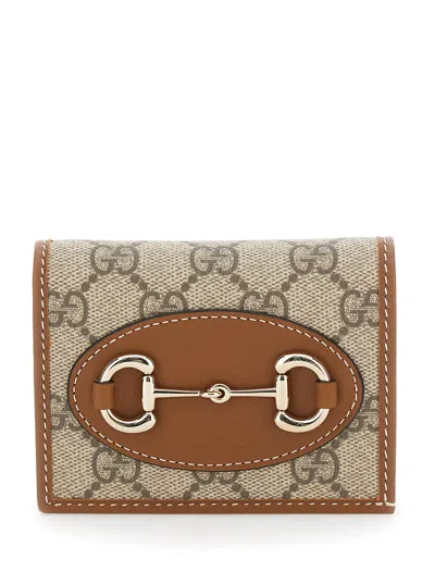 Gucci Women Beige Wallet With Metal Buckle On The Front And All-over Gg Motif In Fabric Woman In Brown