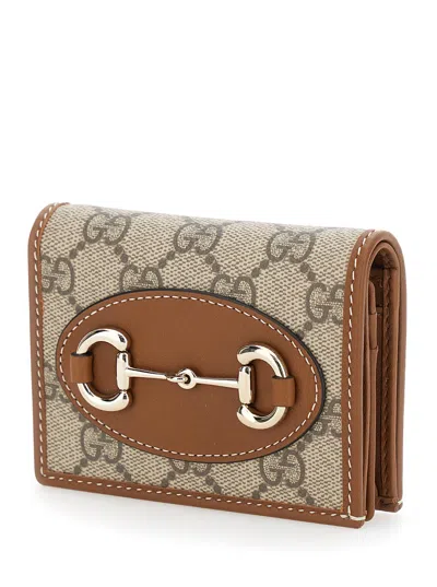 Gucci Women Beige Wallet With Metal Buckle On The Front And All-over Gg Motif In Fabric Woman In Brown