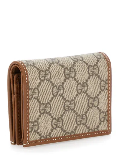Gucci Women Beige Wallet With Metal Buckle On The Front And All-over Gg Motif In Fabric Woman In Brown