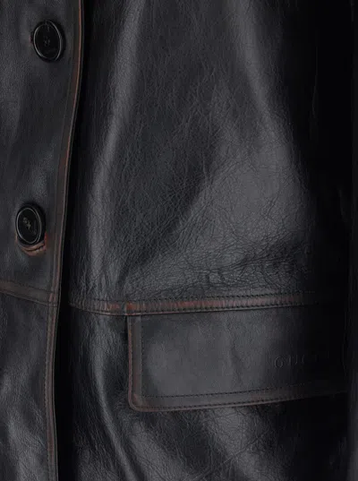 Gucci Women Black Jacket With Classic Lapels And Distressed Effect In Leather Woman In Multi