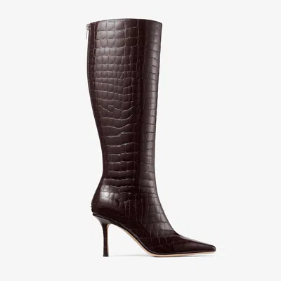 Jimmy Choo 85mm Agathe Croc-embossed Boots In Brown