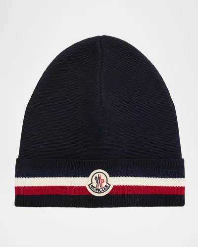Moncler Men's Wool Tricolor Wool Knit Beanie Hat In Blue