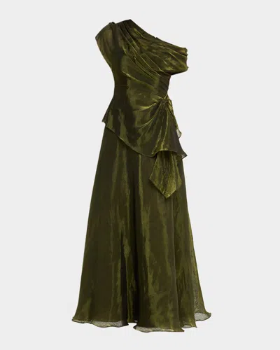 Theia Avalina Draped Organza Lame Peplum Gown In Green