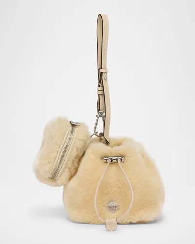 Moncler Shearling Double Pouch Bag With Wrist Strap In Neutral