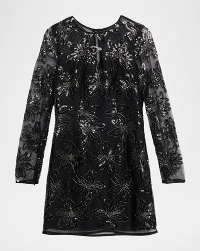 Milly Adele Embroidered Mesh Long-sleeve Mini Dress In Black
