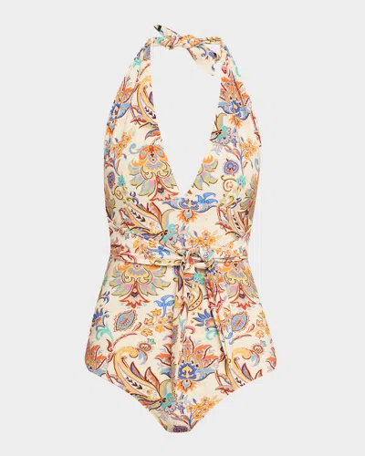 Etro Floral Paisley Belted Halter One-piece Swimsuit In Animal Print
