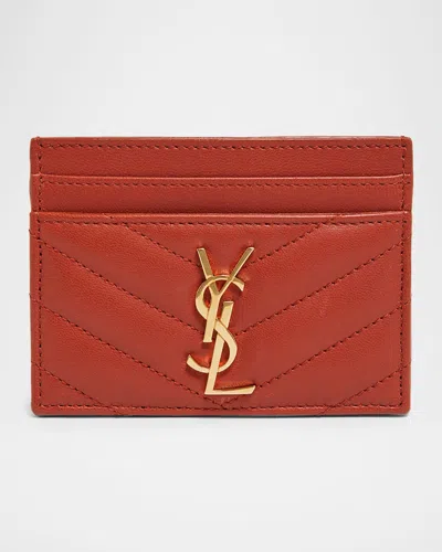 Saint Laurent Ysl Monogram Card Case In Quilted Smooth Leather In Brown