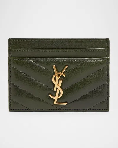 Saint Laurent Ysl Monogram Card Case In Quilted Smooth Leather In Green